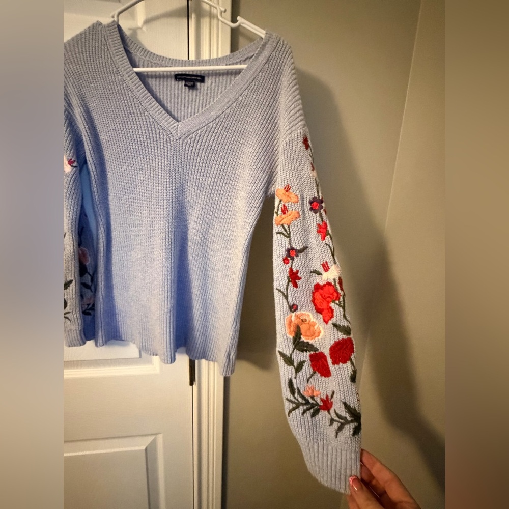American Eagle Outfitters Light Gray V-Neck Sweater with Floral Embroidery - Picture 3 of 4